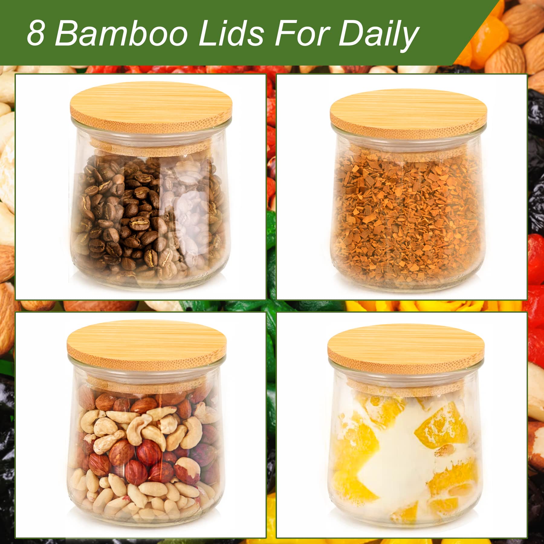 TBWIND 8 Pack Oui Yogurt Jar Lids Reusable Bamboo Oui Lids with Silicone Sealing Rings and Yogurt Bottle Label,suitable for Oui Yogurt Jars, Coffee Bean Jars, Spice Jars, Cookie Jars