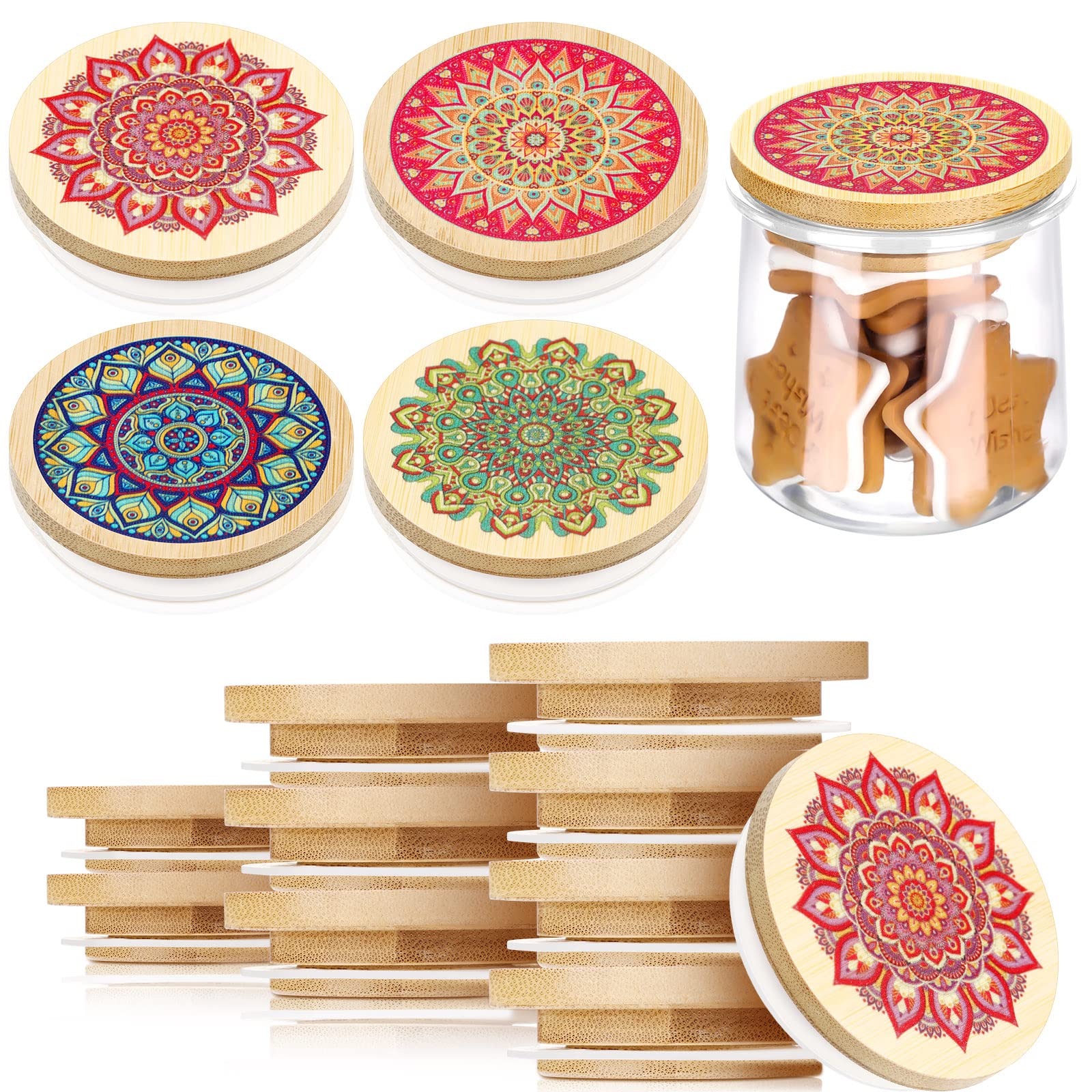 Skyley 12 Pack Storage Yogurt Jar Lids Set Bamboo Wood with Silicone Sealing Rings Wide Mouth Mandala Pattern Wooden Lids Compatible with Oui Yogurt Jars Reusable Jar Lids