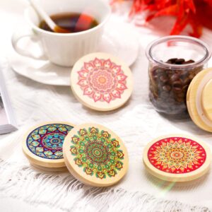 Skyley 12 Pack Storage Yogurt Jar Lids Set Bamboo Wood with Silicone Sealing Rings Wide Mouth Mandala Pattern Wooden Lids Compatible with Oui Yogurt Jars Reusable Jar Lids