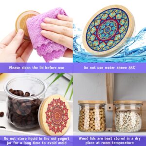 Skyley 12 Pack Storage Yogurt Jar Lids Set Bamboo Wood with Silicone Sealing Rings Wide Mouth Mandala Pattern Wooden Lids Compatible with Oui Yogurt Jars Reusable Jar Lids