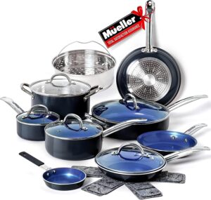 mueller ultraclad sapphire pots and pans set nonstick, 14 piece induction cookware sets, aluminum body, includes non stick deep frying pan, sauce pans for cooking, dutch oven and more