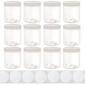 8oz plastic wide-mouth storage jars (12 pack) - large straight-sided clear empty refillable food-grade bpa-free pet containers with white screw-on lids - 70mm 70-400 70/400 made in the usa
