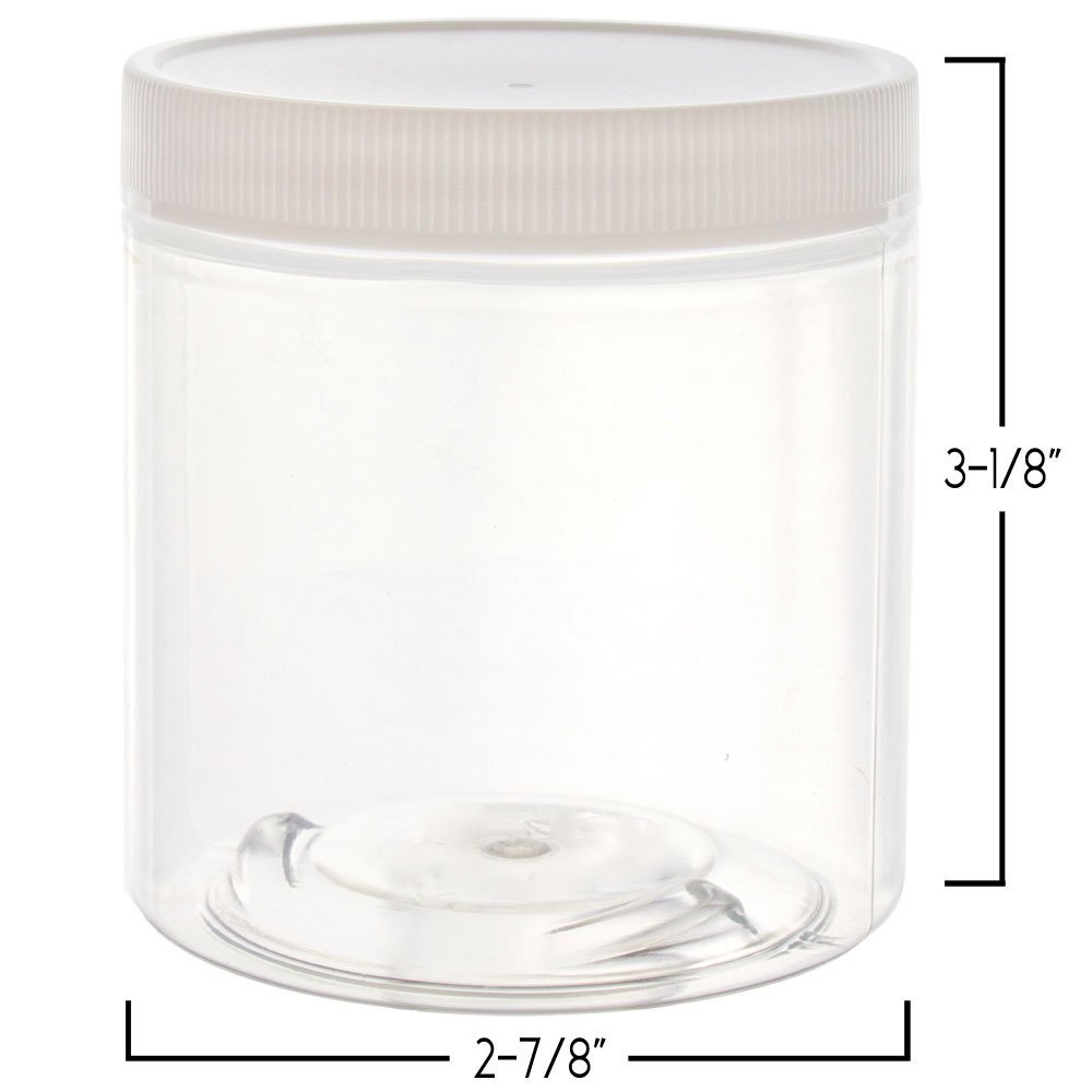 8oz Plastic Wide-Mouth Storage Jars (12 pack) - Large straight-sided clear empty refillable food-grade BPA-free PET containers with white screw-on lids - 70mm 70-400 70/400 Made in the USA