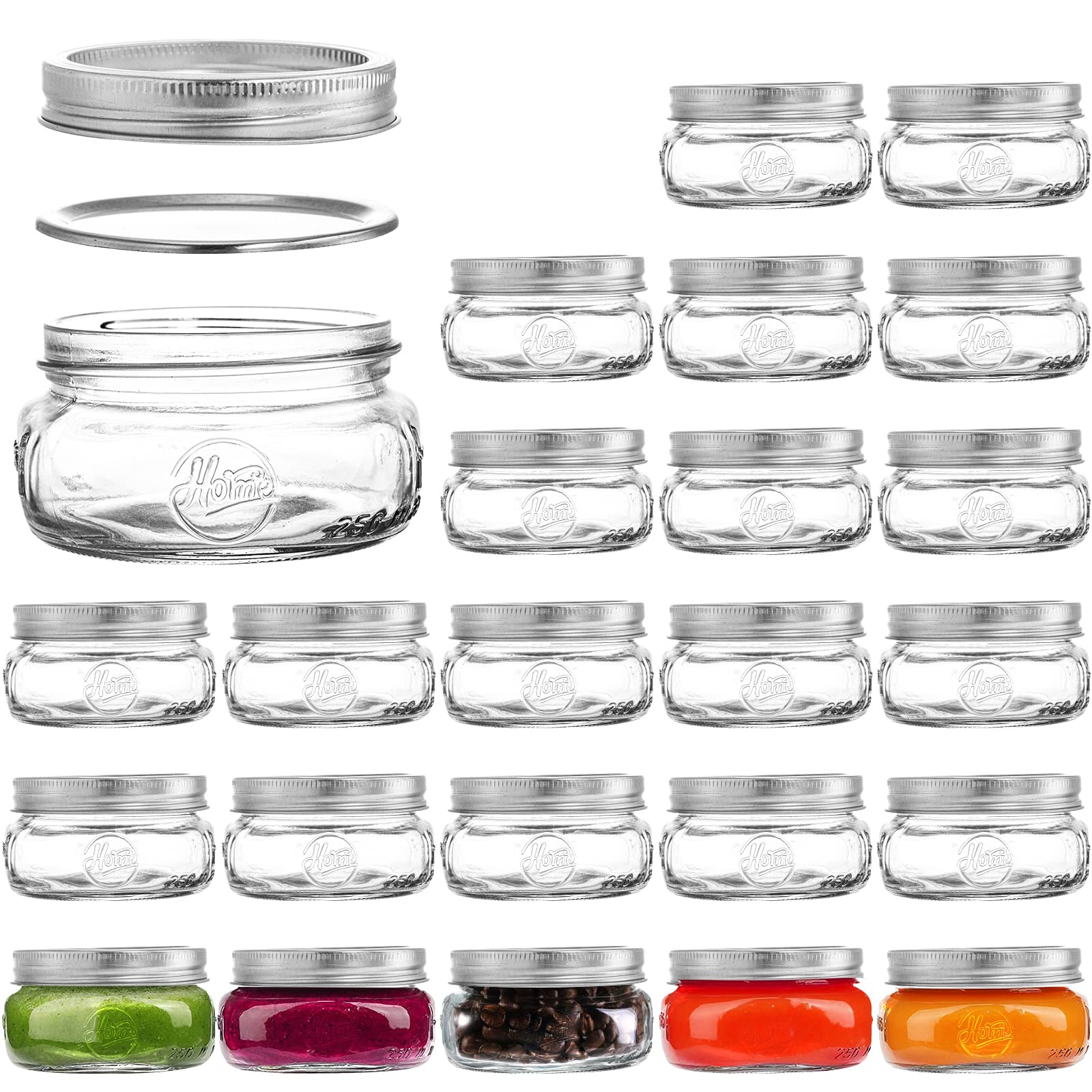 Tebery 24 Pack Home Glass Mason Jars with Silver Metal Airtight Lids and Bands, 8-Ounce Wide Mouth Glass Canning Jars for for Canning, Preserving, Meal Prep, Overnight Oats, Jam, Jelly