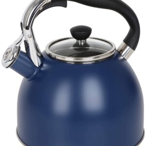 Rorence Stainless Steel Whistling kettle: 2.6 Quart with Capsule Bottom & Heat-resistant Glass Lid – Navy Blue