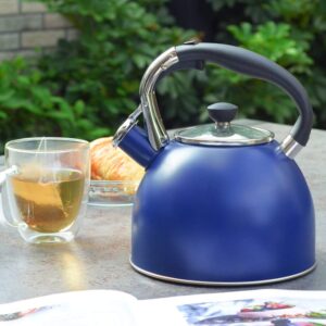 Rorence Stainless Steel Whistling kettle: 2.6 Quart with Capsule Bottom & Heat-resistant Glass Lid – Navy Blue