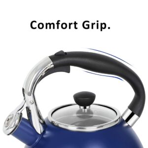 Rorence Stainless Steel Whistling kettle: 2.6 Quart with Capsule Bottom & Heat-resistant Glass Lid – Navy Blue