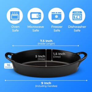 Oval Au Gratin Baking Dishes for Oven Safe and Microwave Cooking and Baking, 4 Pc. Dish Set, Heat Resistant Ceramic with Handles for Serving, Small Mini Casserole Dish, 8” x 5”, 16 oz, Matte Black