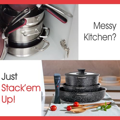 Kitchen Academy Detachable Handle Induction Cookware Sets - 10 Piece Non-stick Cooking Pots and Pans, Black Granite Stackable RV Cookware for Camp