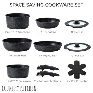 Country Kitchen 13 Piece Pots and Pans Set - Safe Nonstick Kitchen Cookware with Removable Handle, RV Cookware Set, Oven Safe (Black)