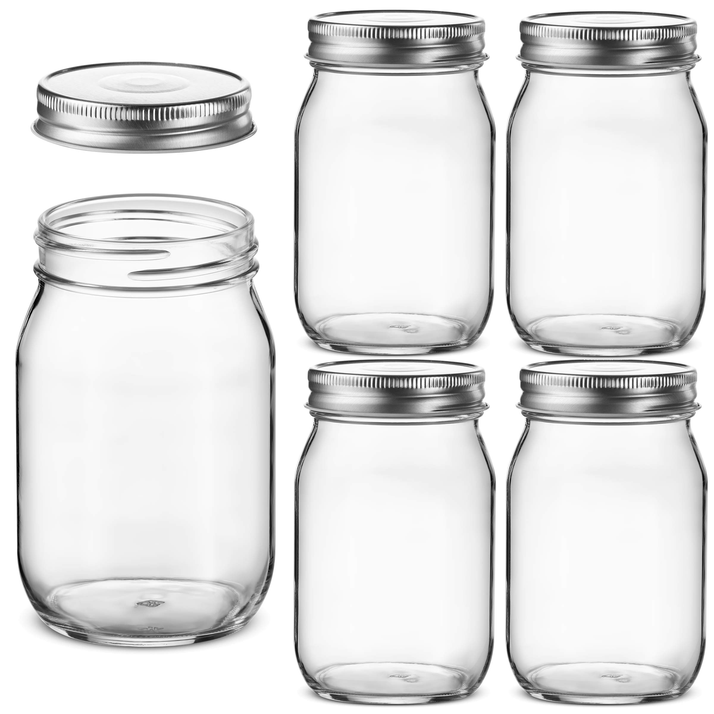 Paksh Novelty Mason Jars - Food Storage Container - 16 Oz - 5-Pack Regular Glass jars- Airtight Container for Pickling, Canning, Candles, Home Decor, Overnight Oats, Fruit Preserves, Jam or Jelly