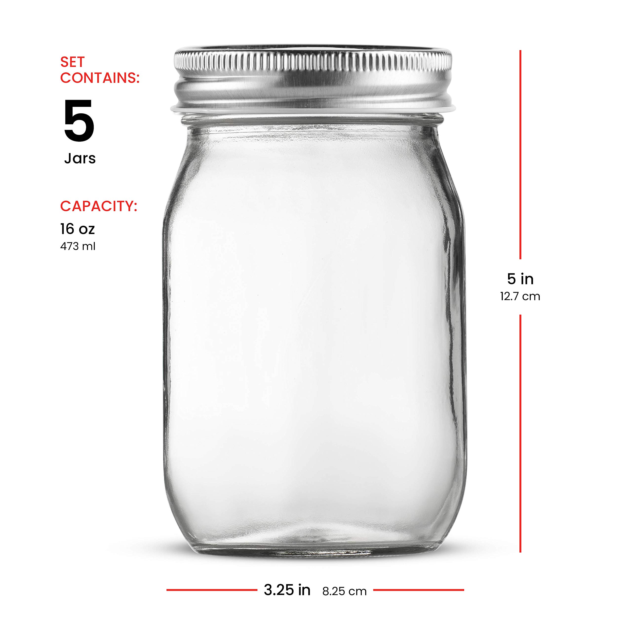 Paksh Novelty Mason Jars - Food Storage Container - 16 Oz - 5-Pack Regular Glass jars- Airtight Container for Pickling, Canning, Candles, Home Decor, Overnight Oats, Fruit Preserves, Jam or Jelly