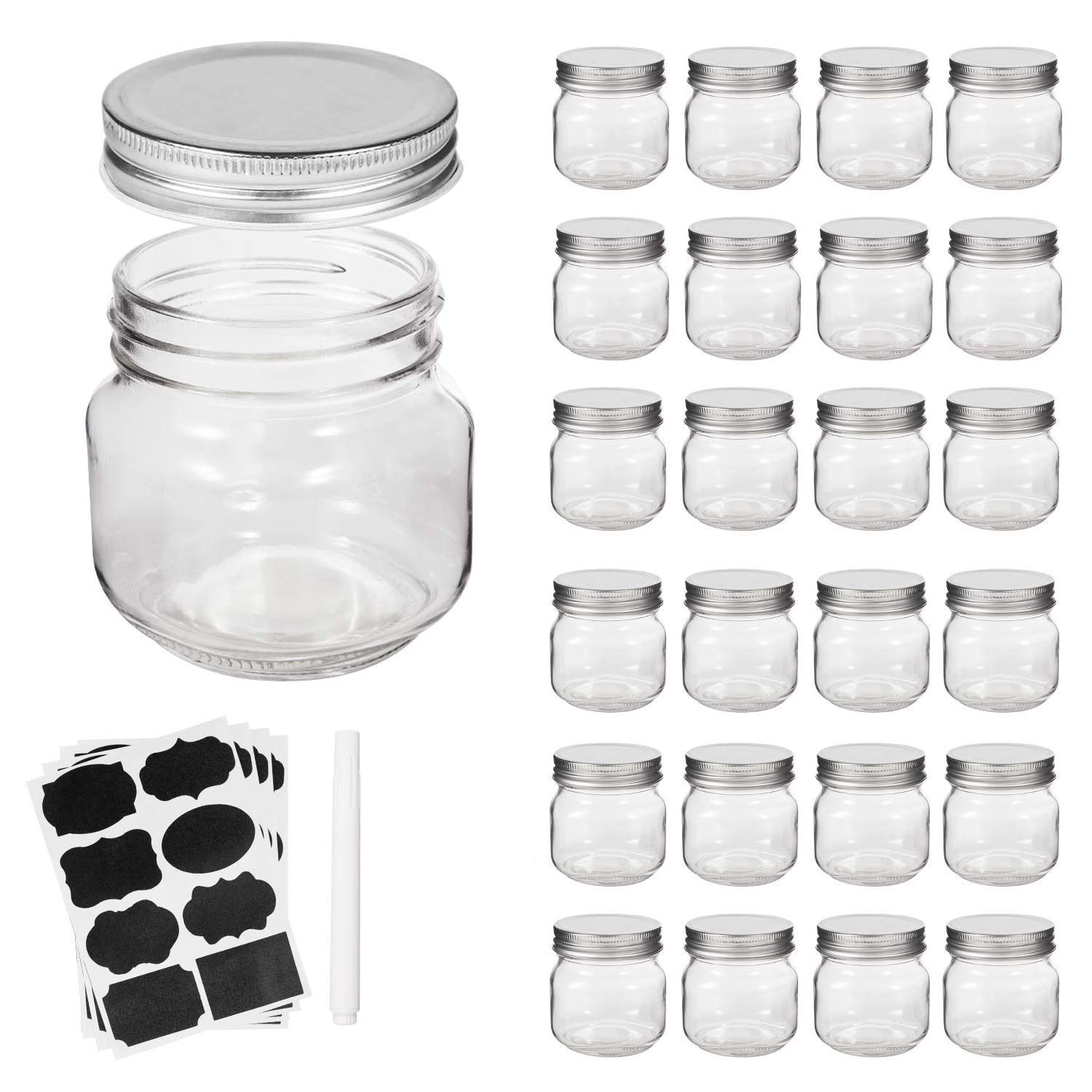 Accguan Mason Jars, glass jar 8OZ With Regular Lids and Bands(Silver), Ideal for Jam,Honey,Wedding Favors,Shower Favors, 24 PACK