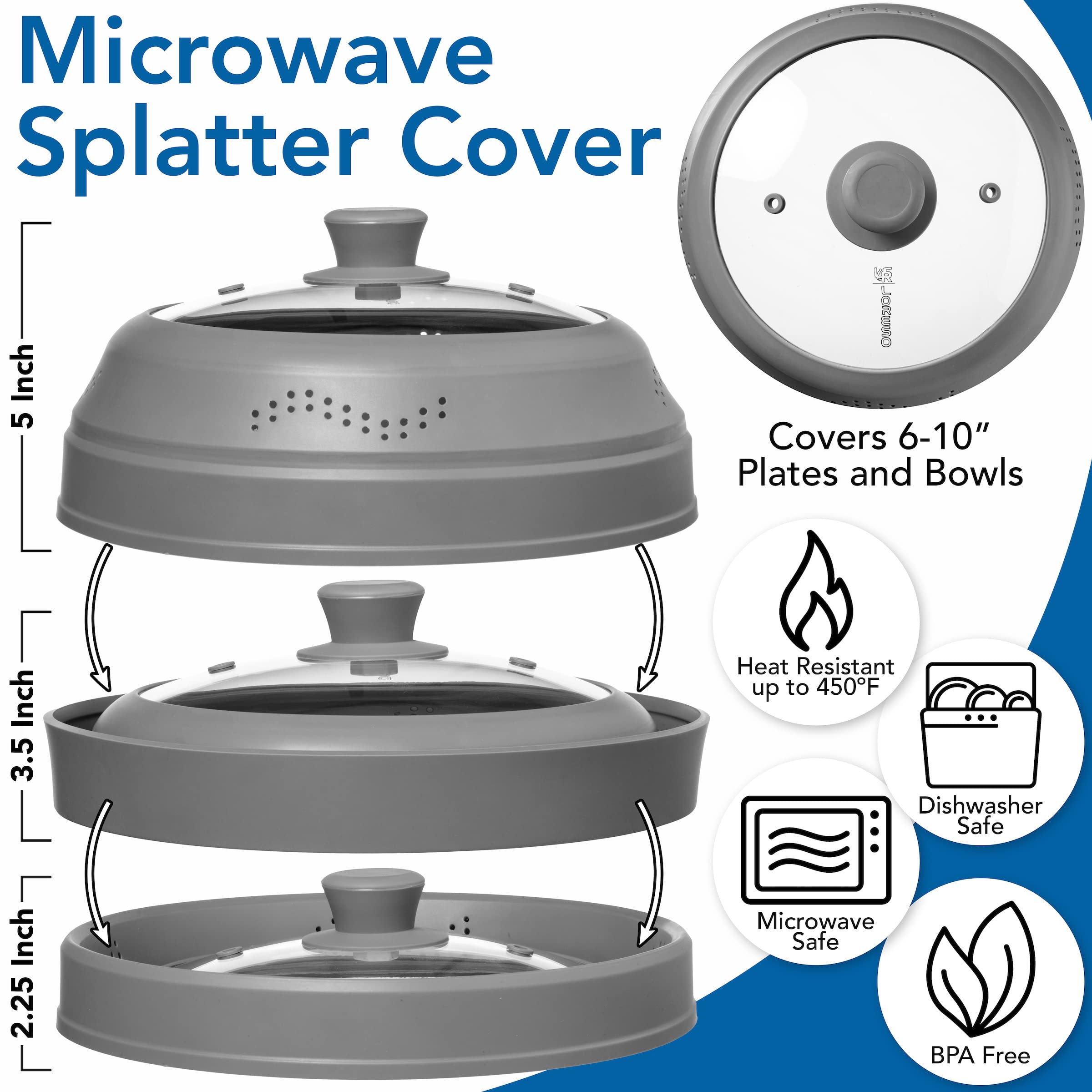 LSR LORESO Microwave Splatter Food Cover - Heat Resistance Clear Glass, Vented Silicone Guard with Grip Handle, Collapsible Dish Cover Blocks Popping Grease and Foods