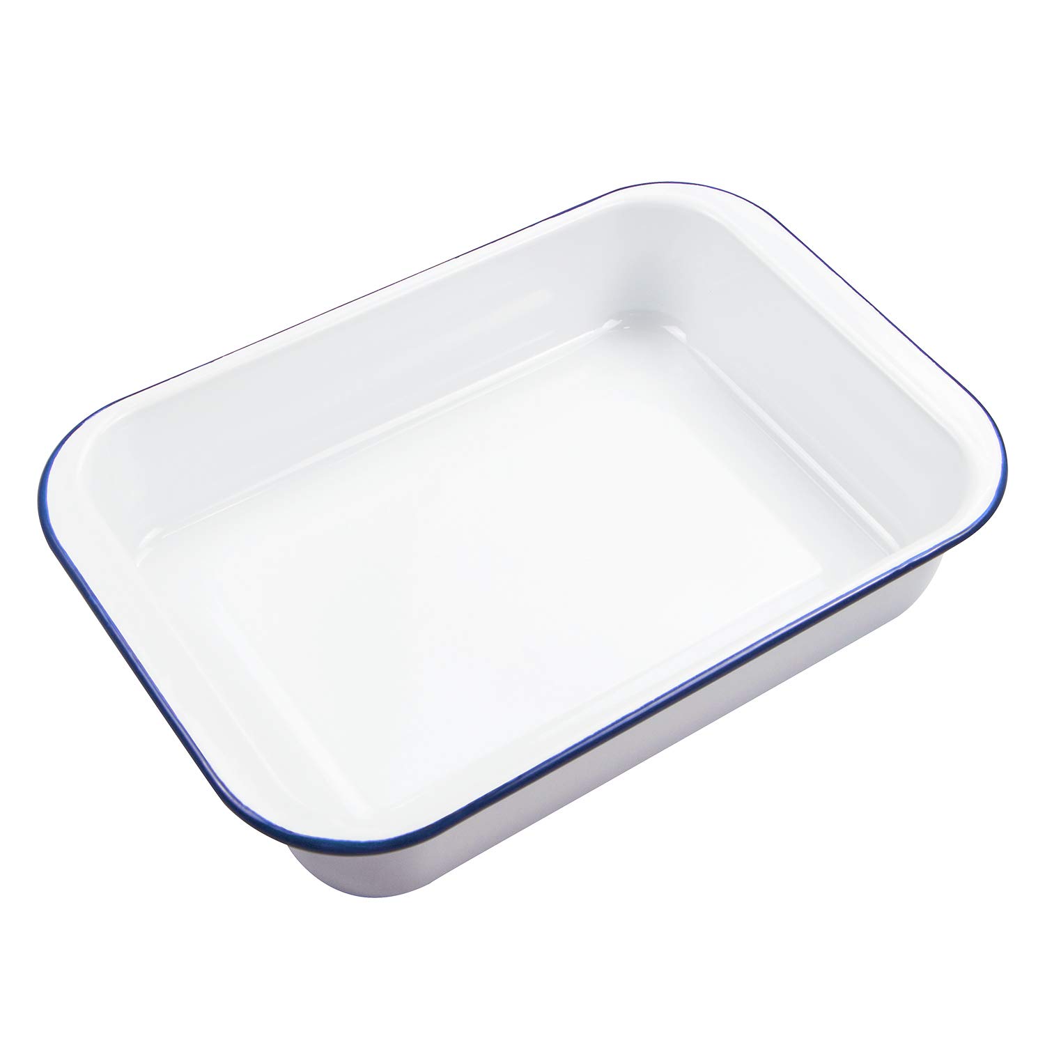 Webake Enamelware 9x13 Baking Pan Oblong Cake Pan Enameled Steel Roasting Pan Baking Dish Lasagna Pan Food Containers, Solid White with Blue Rim