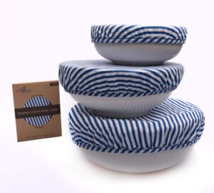 organic reusable bowl covers – elastic bowl cover set of 3 lids sizes - blue stripes 100% cotton - great gift fabric food covers - kitchen essential gift for women - stretched food covers