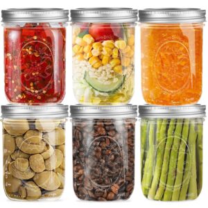 wide mouth glass mason jars 16 oz, 6 pack glass canning jars with metal airtight lids and bands and measurement marks, for canning, preserving, overnight oats, jam, jelly, food storage, diy etc