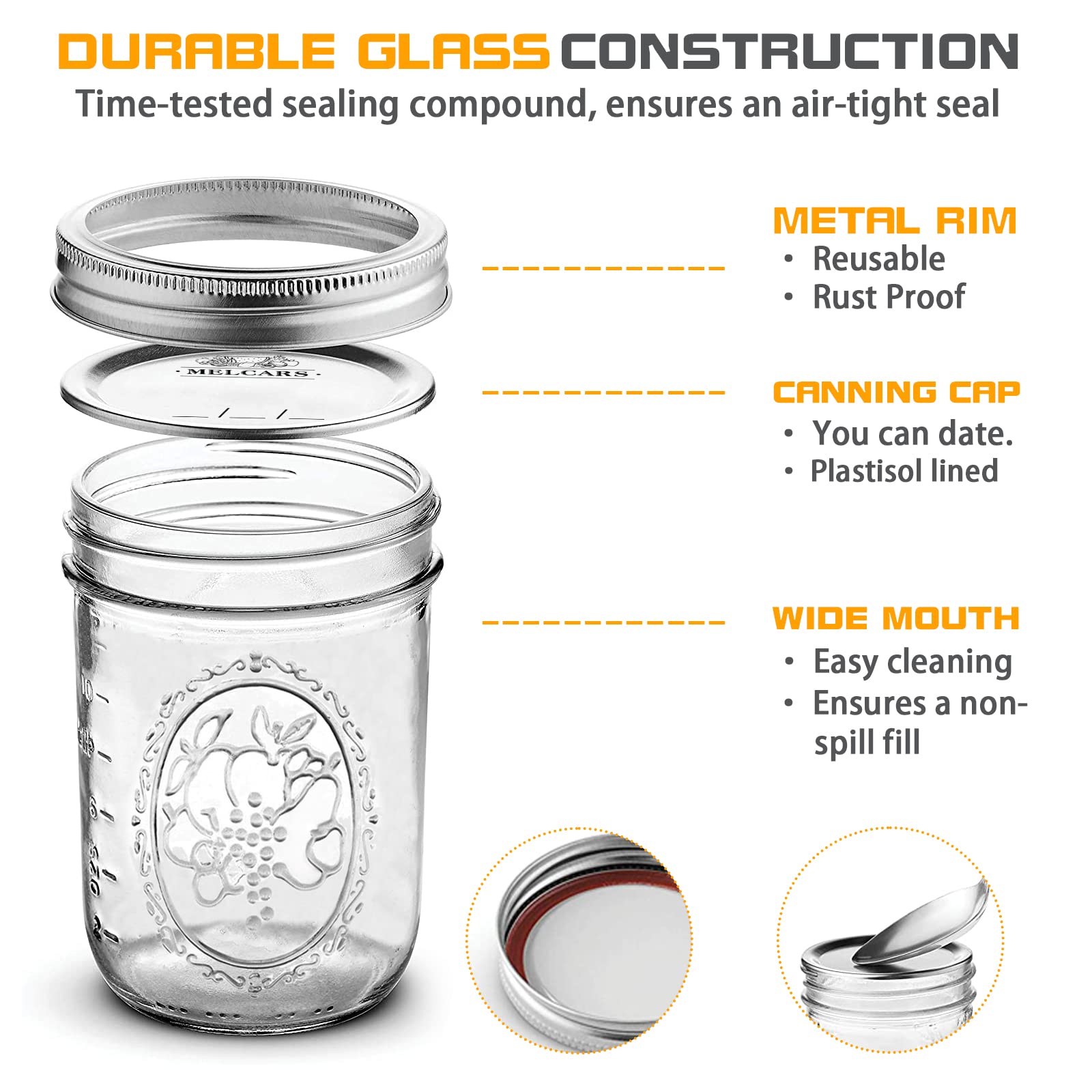 Wide Mouth Glass Mason Jars 16 oz, 6 Pack Glass Canning Jars with Metal Airtight Lids and Bands and Measurement Marks, for Canning, Preserving, Overnight Oats, Jam, Jelly, Food Storage, DIY etc