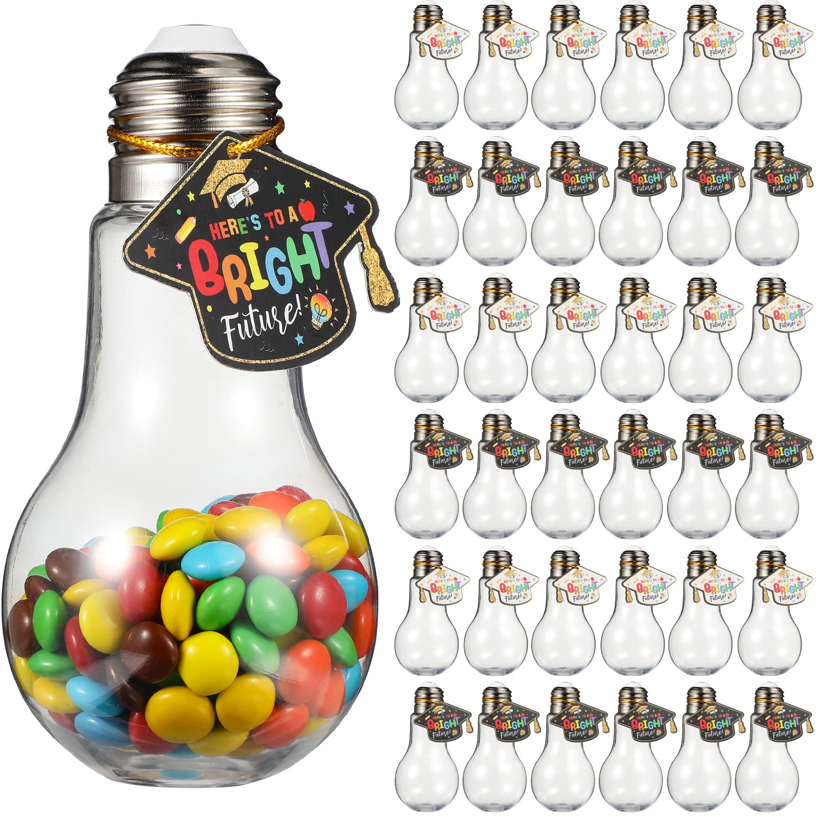 Sabary 36 Pack 100 ML Plastic Light Bulb Jars with Graduation Card and String, Light Bulb Candy Container Light Bulb Drinking Cups Fillable Drink Ornaments Clear Candy Jars For 2024 Graduation Party