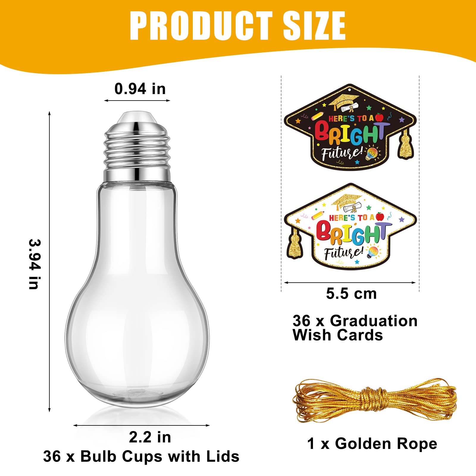 Sabary 36 Pack 100 ML Plastic Light Bulb Jars with Graduation Card and String, Light Bulb Candy Container Light Bulb Drinking Cups Fillable Drink Ornaments Clear Candy Jars For 2024 Graduation Party