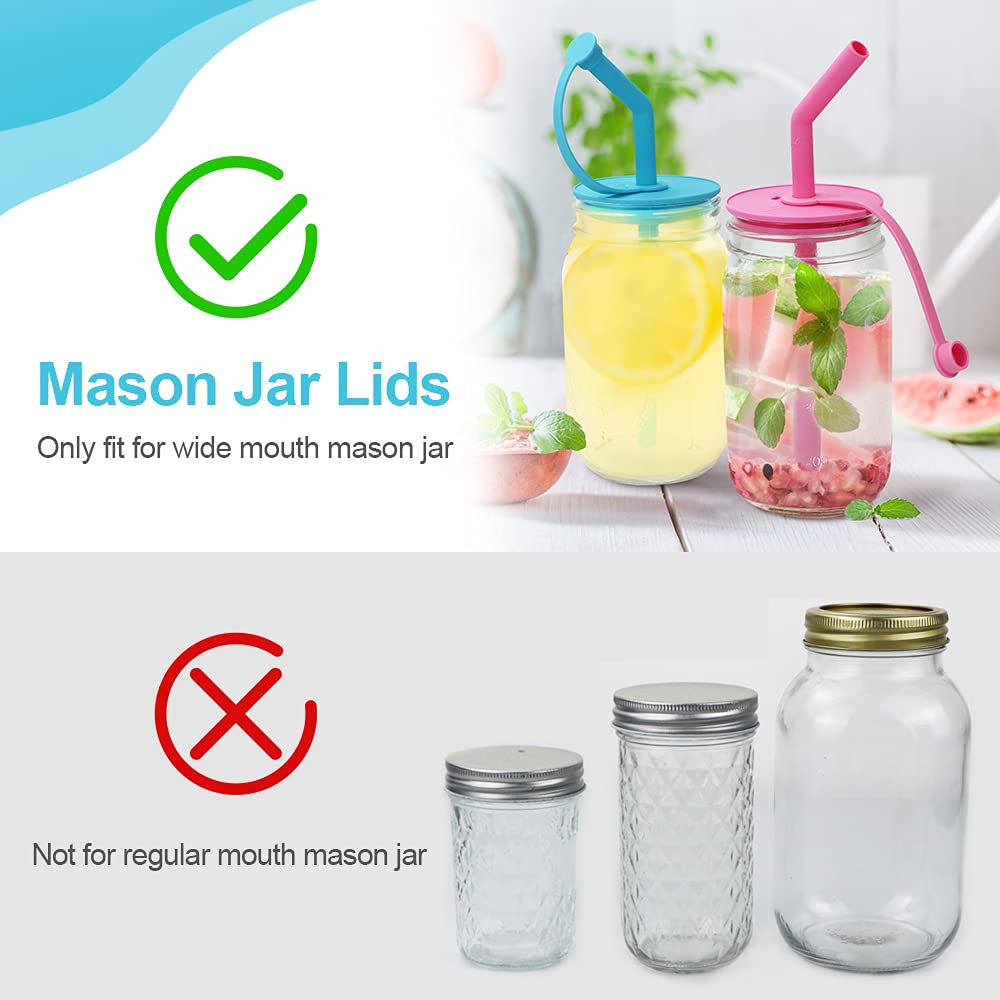 Sophico Silicone Mason Jar Lids with Straw/Silicone Stoppers/Clean Brush, for Wide Mouth Mason Jar,4 Pack(Containers not included)