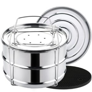 aozita stackable steamer insert pans with sling for instant pot accessories 6/8 qt - pot in pot, baking, casseroles, lasagna pans, food steamer for pressure cooker, upgrade interchangeable lids