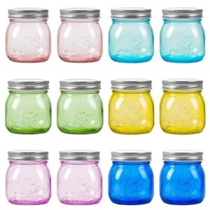 amzcku colored mason jars 8 oz with metal lids - regular mouth canning jar for jam, honey, wedding favors, shower favors, pickling, food storage, jelly, diy spice jars, 12 pack
