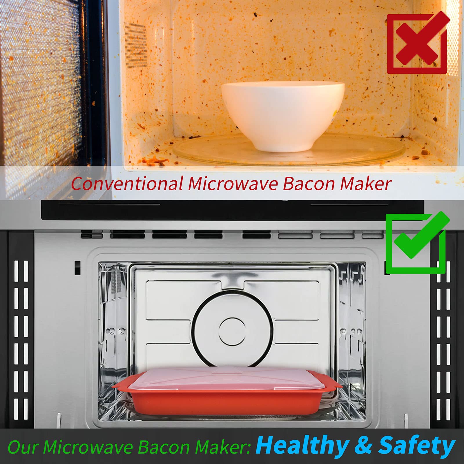 MMUGOOLER Microwave Easy Bacon Maker/Cooker with Lid, Safety, Quick and with No Mess, 11.3“ L x 9.0" W x 2.4" H- Red