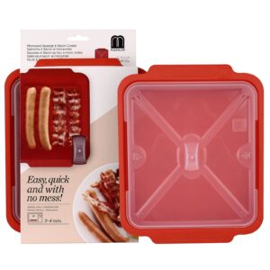 MMUGOOLER Microwave Easy Bacon Maker/Cooker with Lid, Safety, Quick and with No Mess, 11.3“ L x 9.0" W x 2.4" H- Red