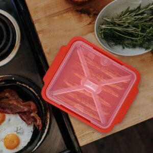 MMUGOOLER Microwave Easy Bacon Maker/Cooker with Lid, Safety, Quick and with No Mess, 11.3“ L x 9.0" W x 2.4" H- Red