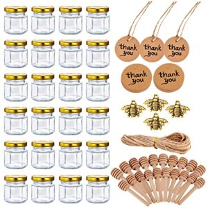 [24 pack] mini party favors 1.5oz, small honey jars with dippers, gold lids, bee charms, tags & jute twine. baby shower favors for guests boys girls, christmas gifts for coworkers, wedding favors in