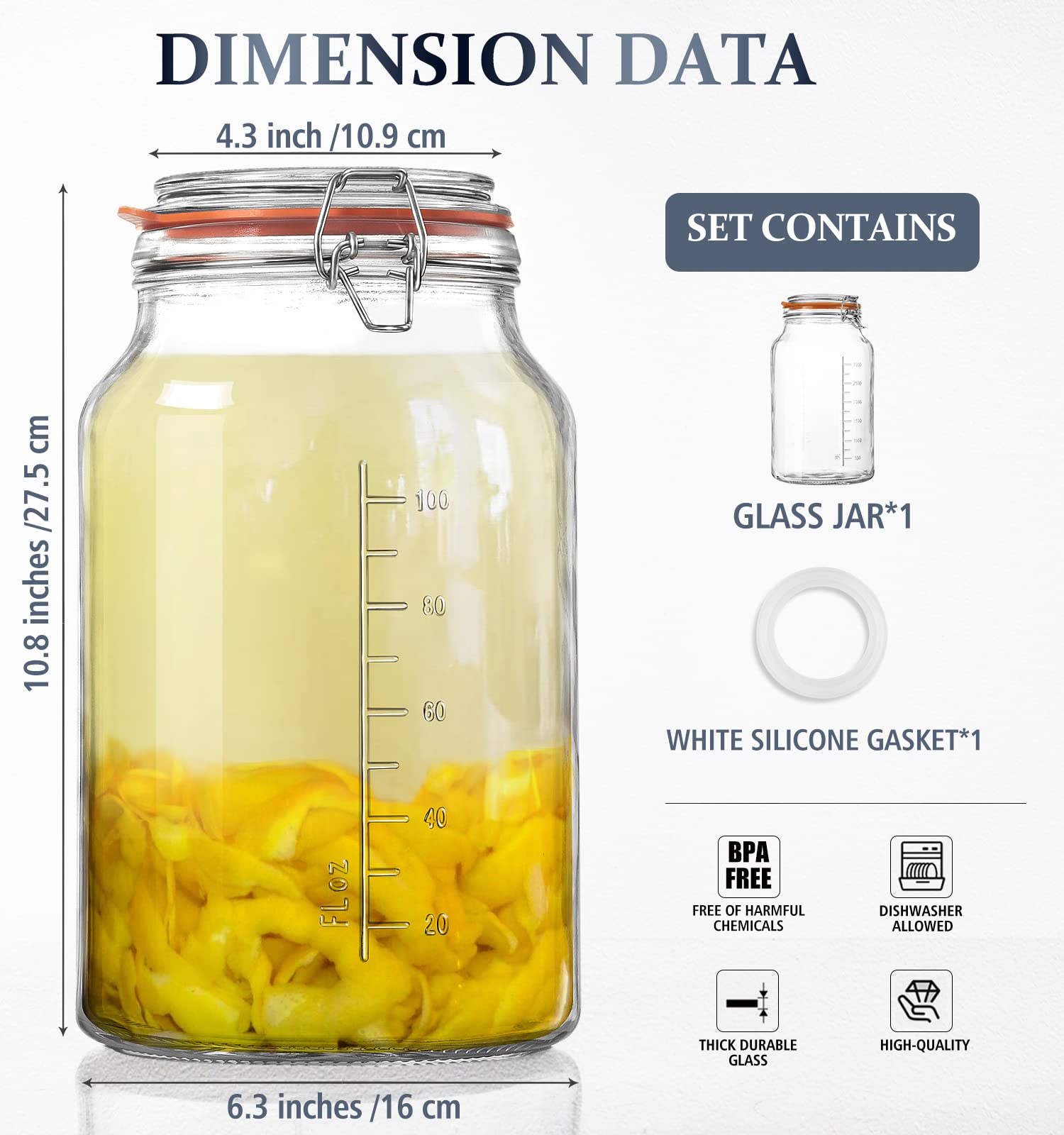 Folinstall Super Wide Mouth Glass Storage Jar with Airtight Lids, 1 Gallon Large Mason Jars with 2 Measurement Marks, Large Capacity for Pickle Jar, Overnight Oats