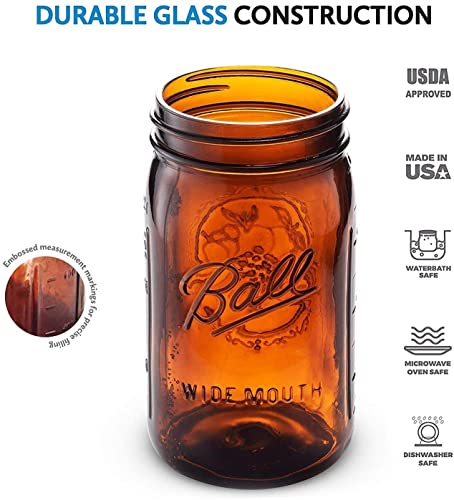 Ball WIDE MOUTH Quart (32 oz.) Glass Food Preserving Pickling Canning Mason Jar with Lid and Band, Clear, 12-Count (Packaging May Vary) (Amber)