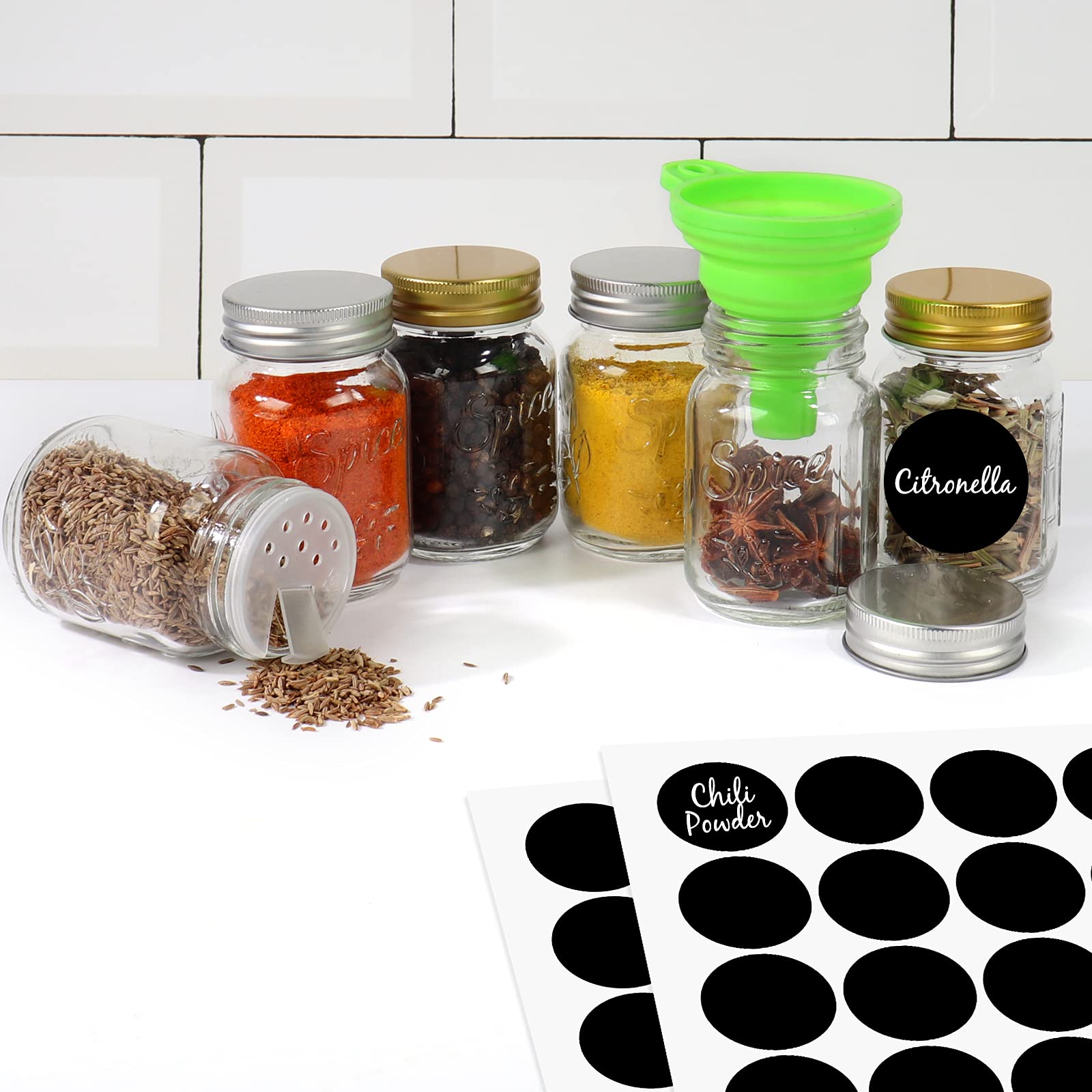 CycleMore 15 Pack 4oz Glass Mason Spice Jars, Round Spice Containers with Silver Metal Caps and Pour/Sift Shaker Lids-40pcs Labels,1pcs Silicone Collapsible Funnel,1pcs Brush and 1pcs Pen Included