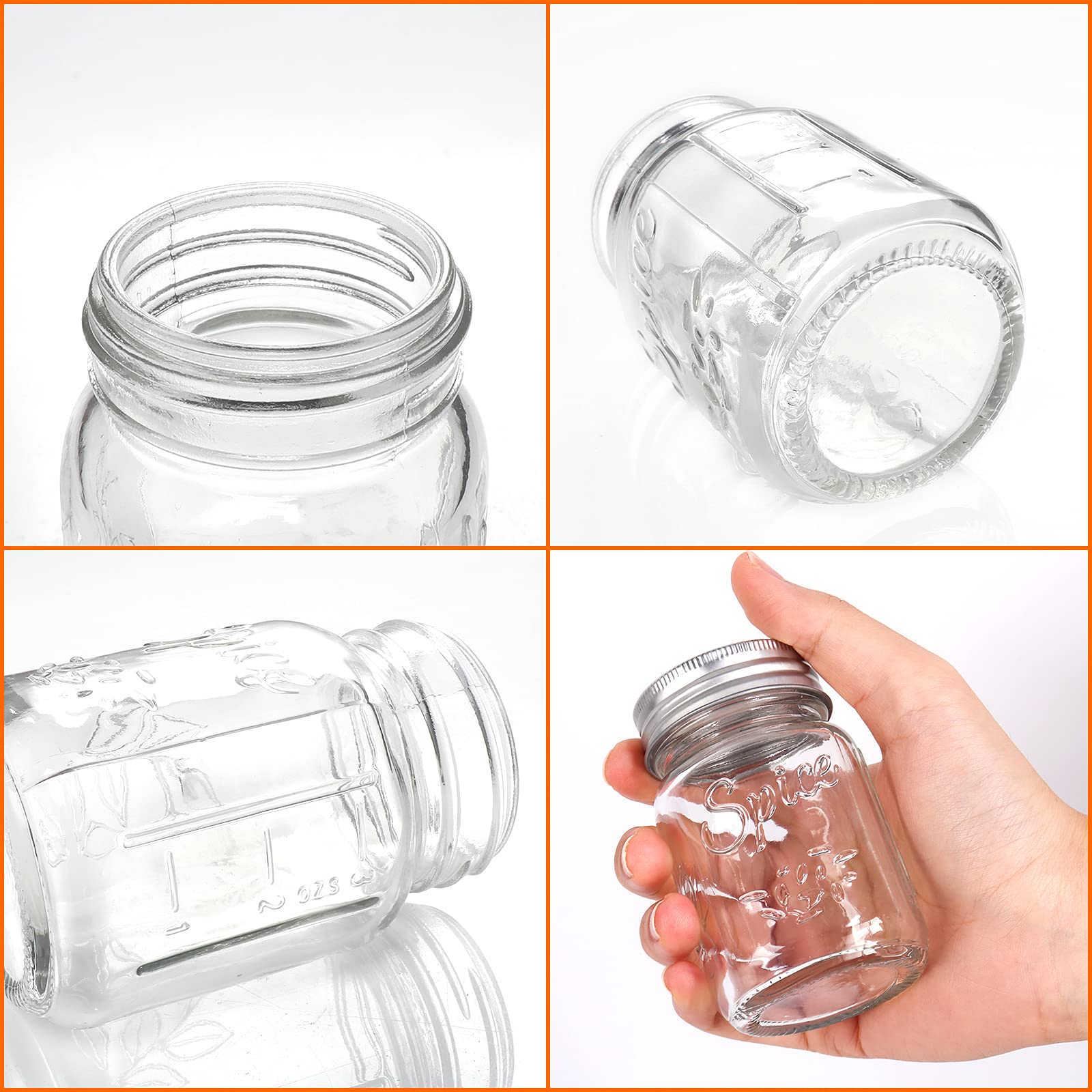 CycleMore 15 Pack 4oz Glass Mason Spice Jars, Round Spice Containers with Silver Metal Caps and Pour/Sift Shaker Lids-40pcs Labels,1pcs Silicone Collapsible Funnel,1pcs Brush and 1pcs Pen Included