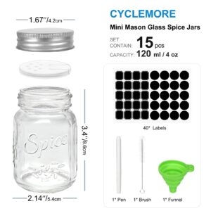 CycleMore 15 Pack 4oz Glass Mason Spice Jars, Round Spice Containers with Silver Metal Caps and Pour/Sift Shaker Lids-40pcs Labels,1pcs Silicone Collapsible Funnel,1pcs Brush and 1pcs Pen Included