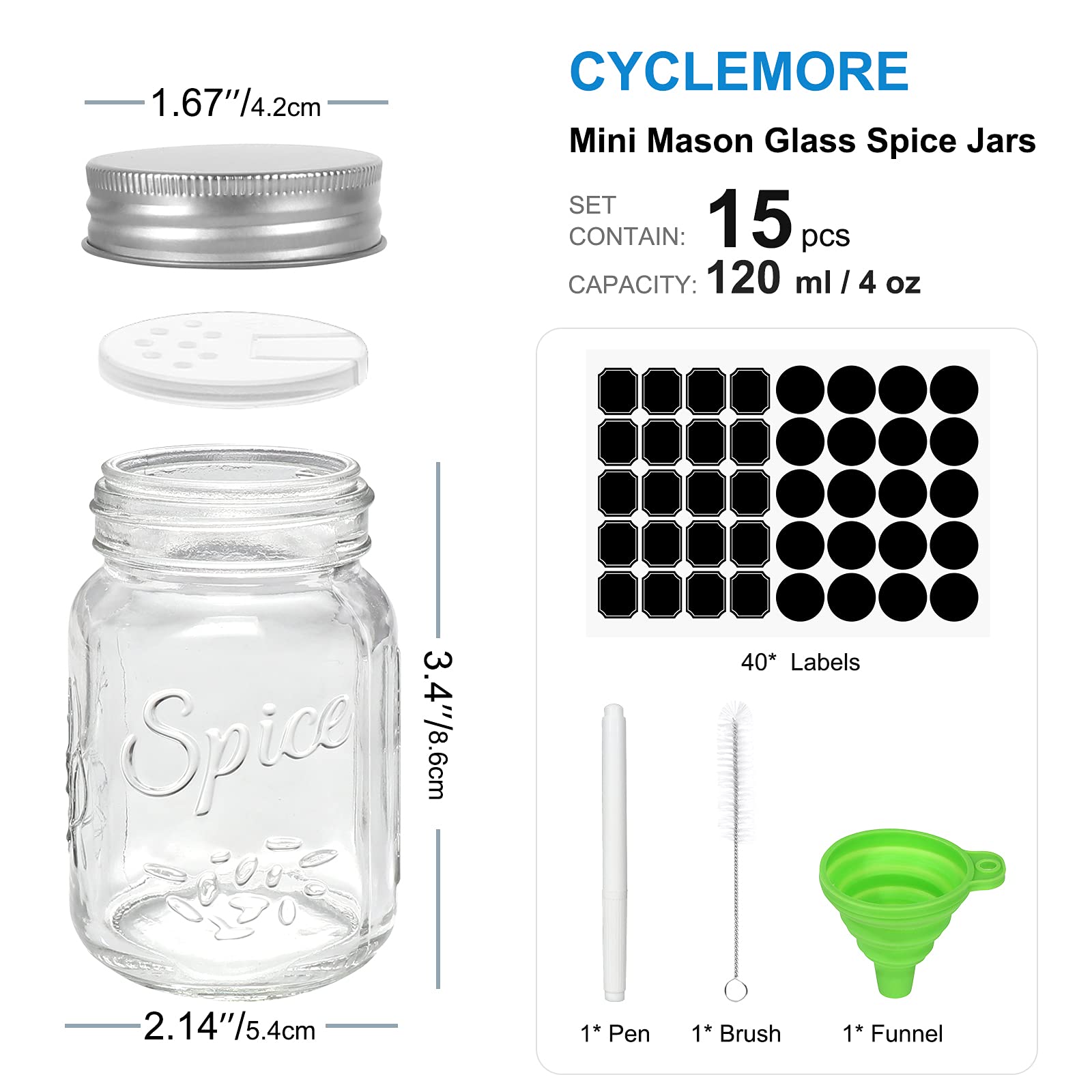 CycleMore 15 Pack 4oz Glass Mason Spice Jars, Round Spice Containers with Silver Metal Caps and Pour/Sift Shaker Lids-40pcs Labels,1pcs Silicone Collapsible Funnel,1pcs Brush and 1pcs Pen Included