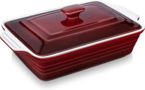 lovecasa nonstick casserole dish with lid, 4.5 quart lasagna pan deep, 9x13 ceramic baking dish for dinner, banquet, and party, gradient red