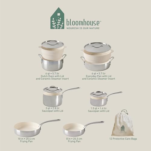 Bloomhouse - Oprah's Favorite Things - 12 Piece Triply Stainless Steel Pots and Pans Cookware Set w/Non-Stick Non-Toxic Ceramic Interior, Ceramic Steamer Inserts, & 12 Protective Care Bags