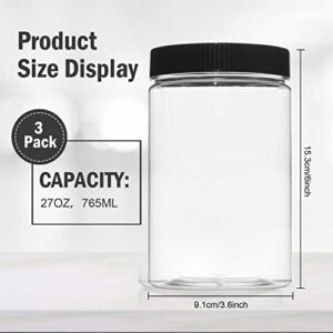 Vumdua 27 Ounce Plastic Jars with Lids, 3 Pack Food Storage Containers Airtight, Clear Containers for Organizing