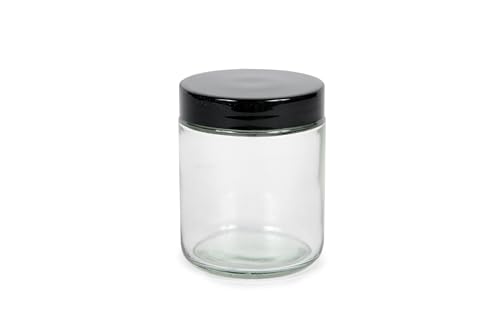 Vivaplex, Clear, 8 ounce, Round Glass Jars, with Black Lids - 8 pack