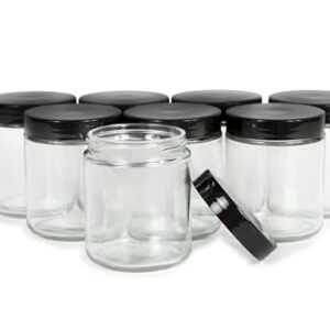 Vivaplex, Clear, 8 ounce, Round Glass Jars, with Black Lids - 8 pack