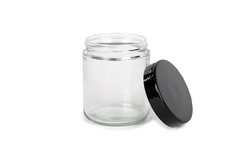 Vivaplex, Clear, 8 ounce, Round Glass Jars, with Black Lids - 8 pack