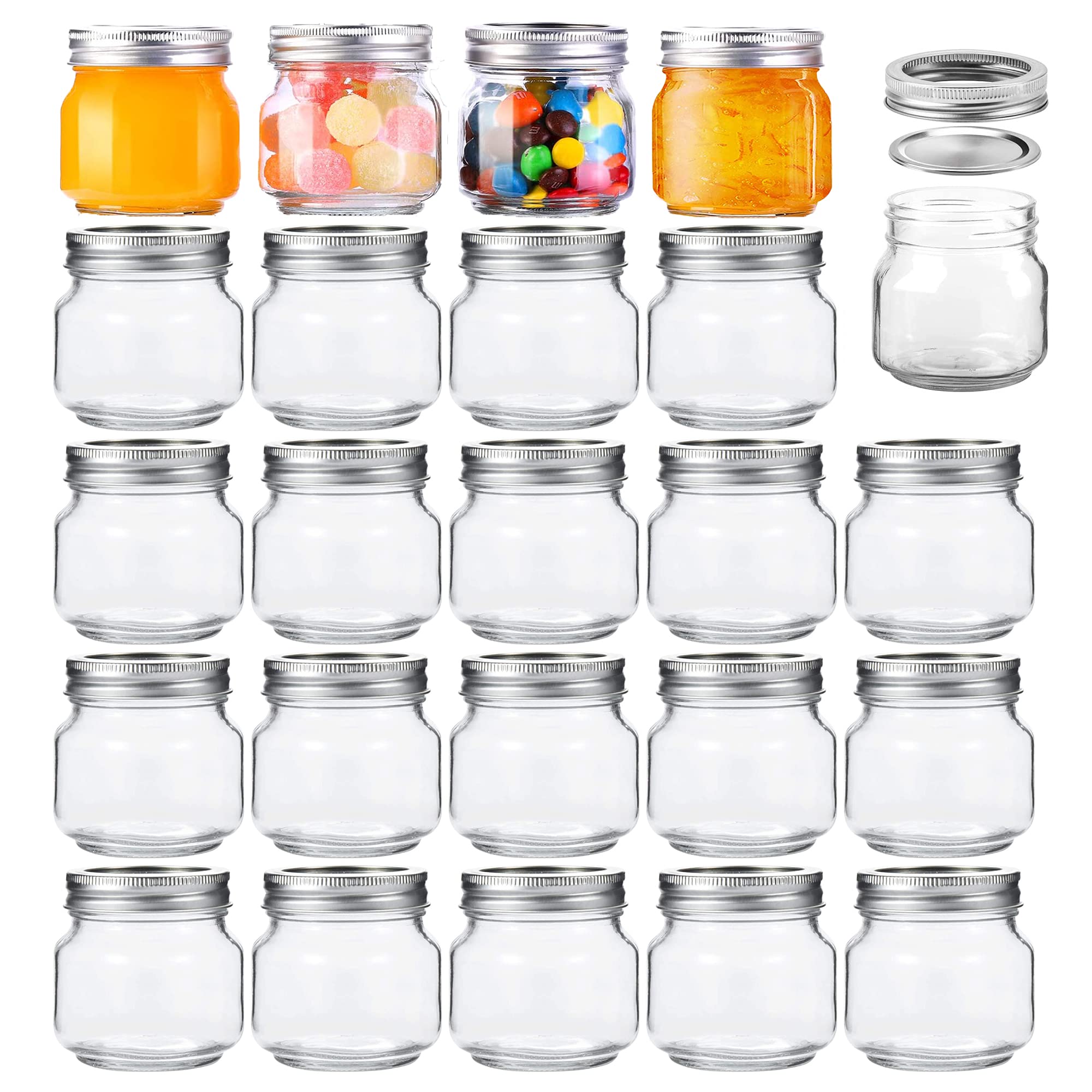 Homerove 8oz Mason Glass Jars, 24pcs Canning Containers with Silver Regular Lids for Jelly, Honey and Wedding Favors