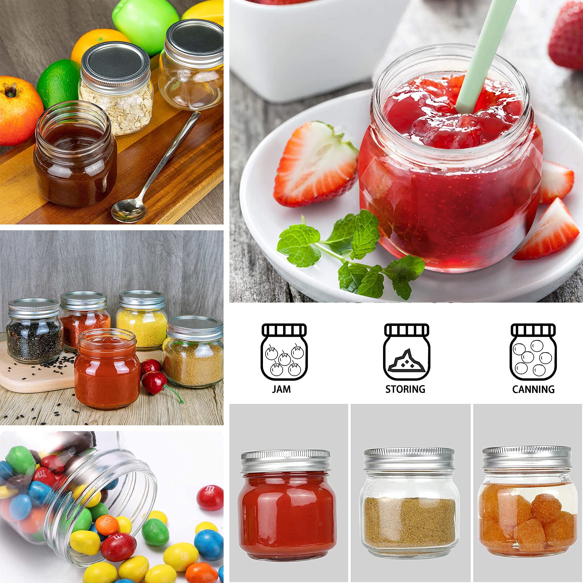 Homerove 8oz Mason Glass Jars, 24pcs Canning Containers with Silver Regular Lids for Jelly, Honey and Wedding Favors