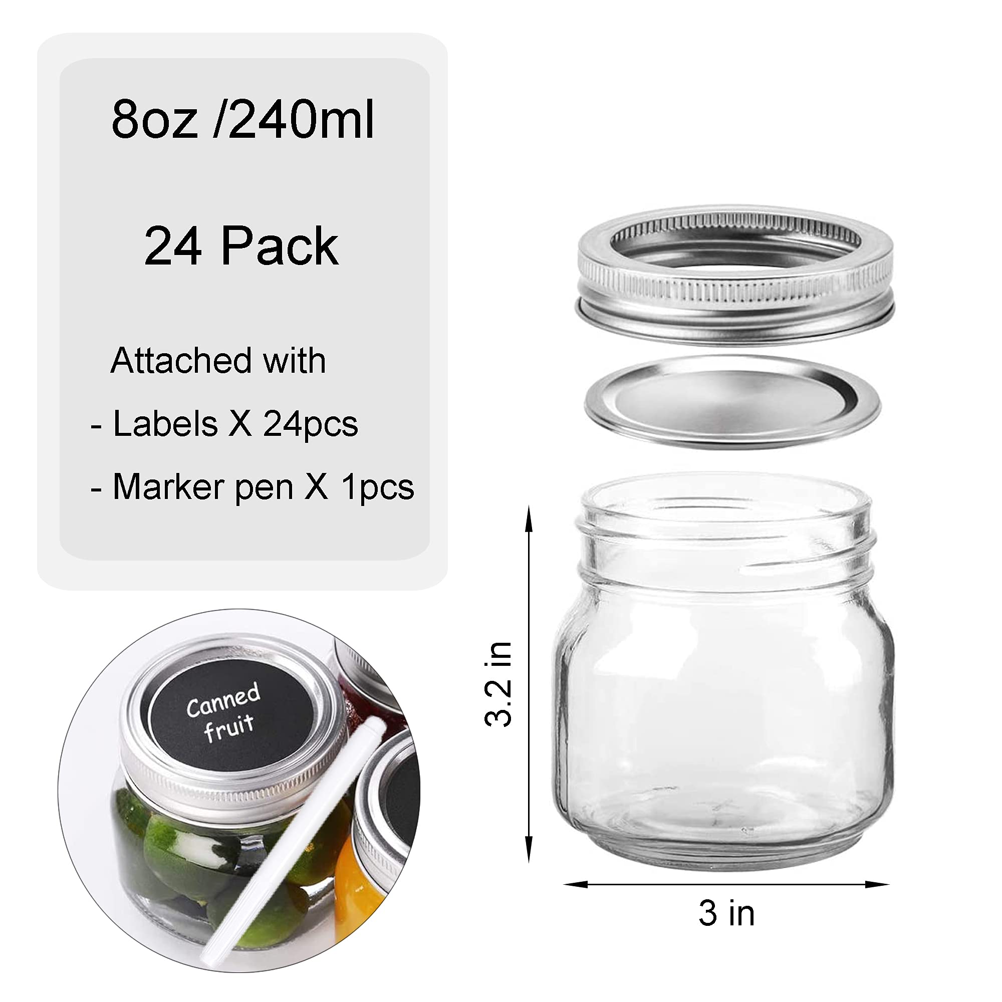 Homerove 8oz Mason Glass Jars, 24pcs Canning Containers with Silver Regular Lids for Jelly, Honey and Wedding Favors