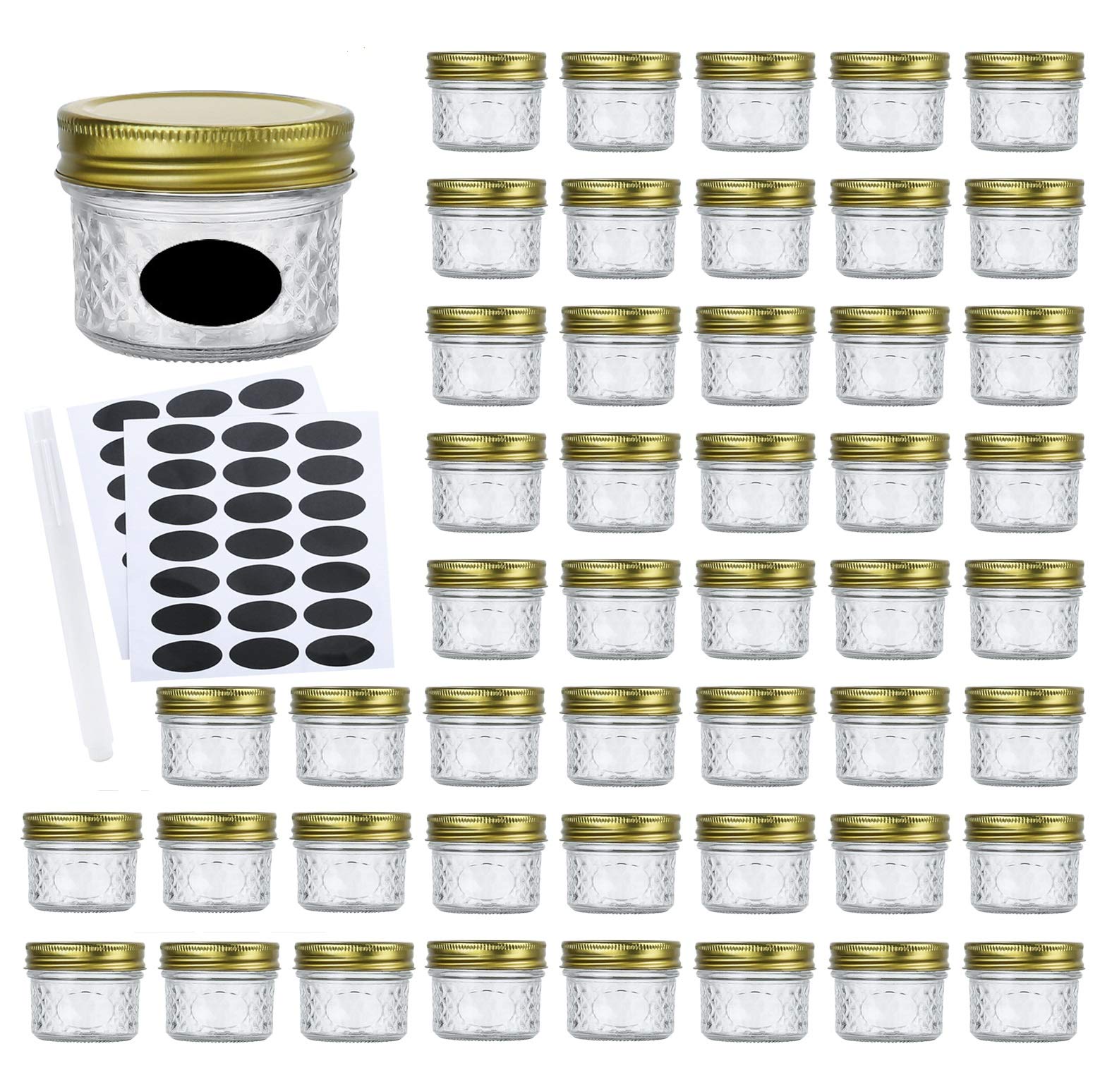 Encheng 4oz Glass Jars With Regular Lids,Mini Wide Mouth Mason Jars,Clear Small Canning Jars With Gold Lids,Canning Jars For Honey,Herbs,Jam,Jelly,Baby Foods,Wedding Favor,Shower Favors 40 Pack