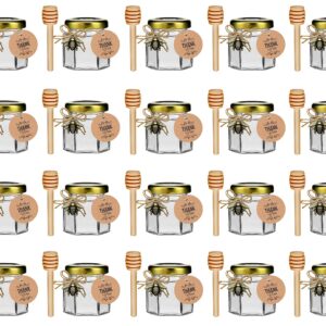 DnayDkiy 20 Pack Glass Honey Jars with Dipper - Gold Lids, Bee Pendants, Jutes, and Thank You Cards - Perfect for Baby Shower Favors, Wedding Favors, Party Favors