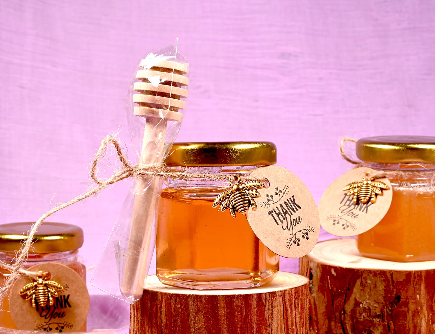 DnayDkiy 20 Pack Glass Honey Jars with Dipper - Gold Lids, Bee Pendants, Jutes, and Thank You Cards - Perfect for Baby Shower Favors, Wedding Favors, Party Favors