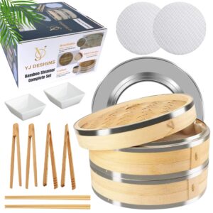 yj designs 12 pcs stainless steel bamboo steamer basket complete kit- 10 inch (2 tiers) - dumpling steamer veggie bamboo basket - vegetable food steamer for cooking - rice steamer - steam pot basket